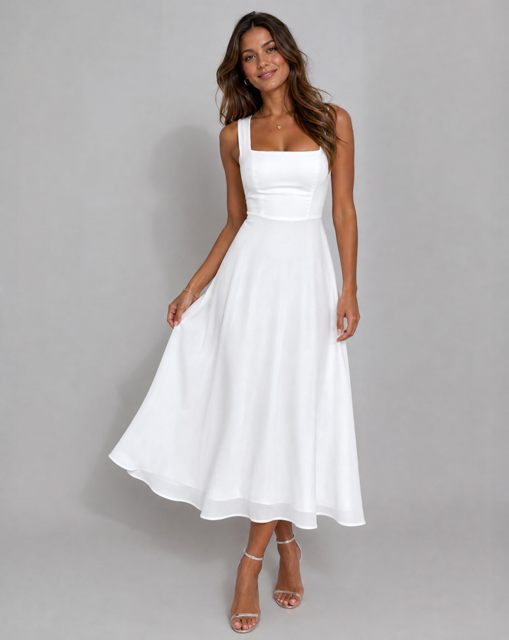 Sophisticated women's A-line midi dress, an elegant choice for formal occasions and summer gatherings.