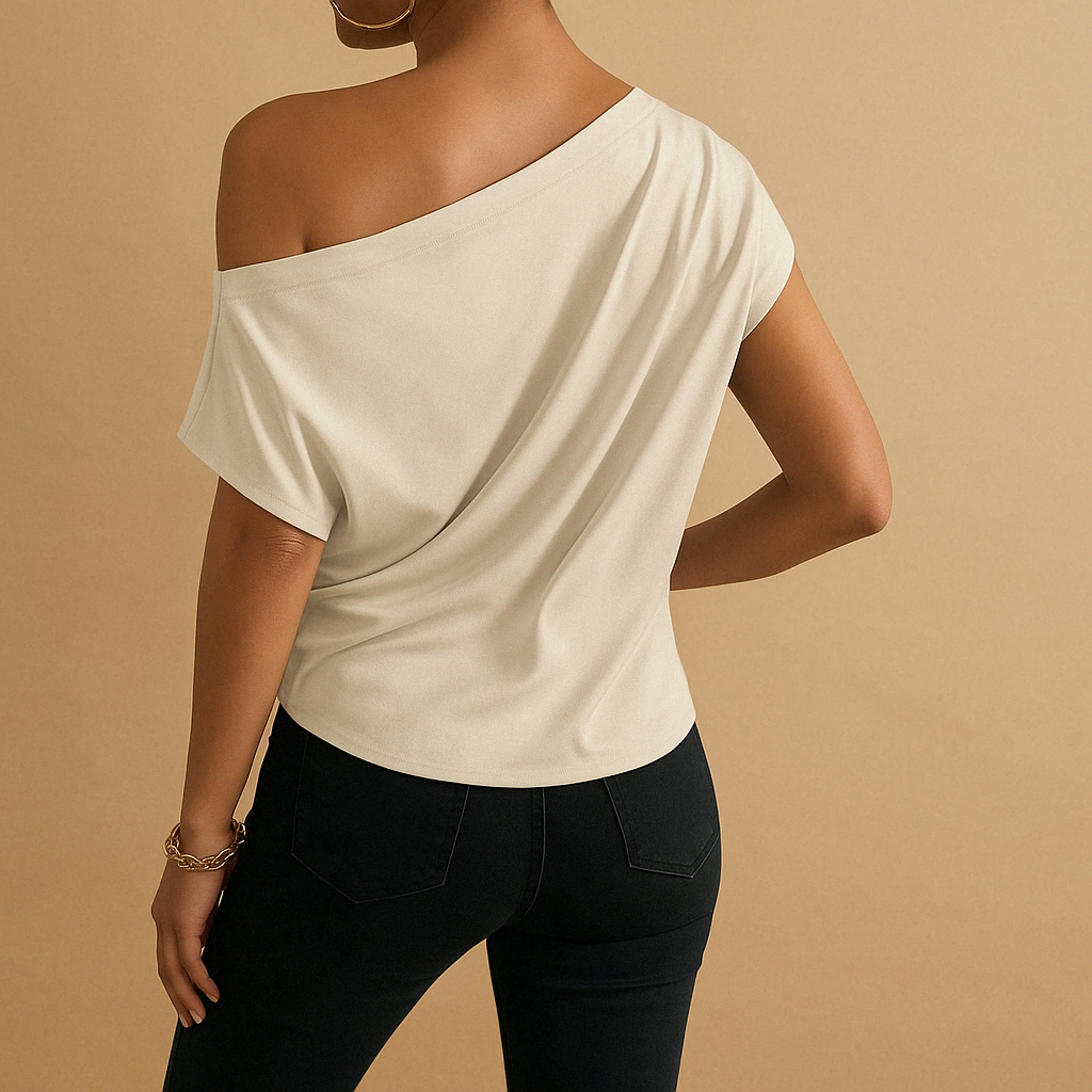 Stylish women's beige off-shoulder top, an elegant short-sleeve design perfect for summer casual & chic wear.