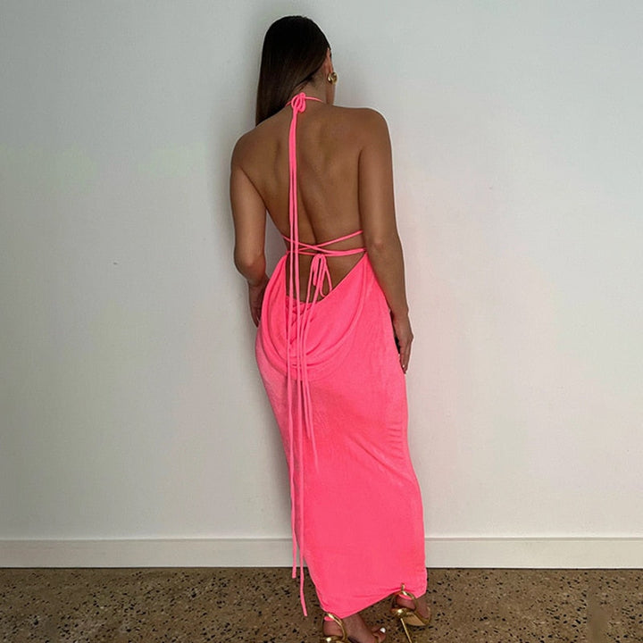 Pink Fayen low back maxi dress, elegant women's evening gown for any party.