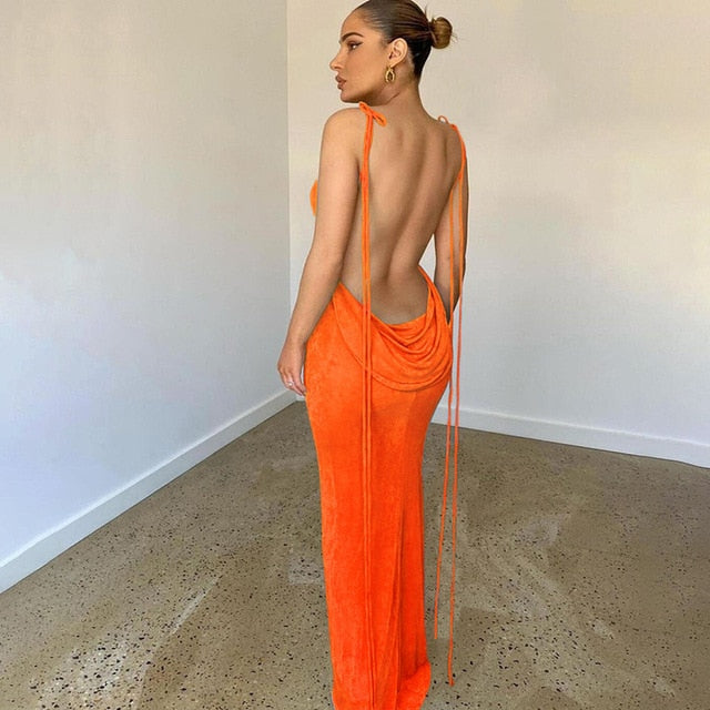 Beautiful back view of Fayen low back maxi dress, elegant formal gown.