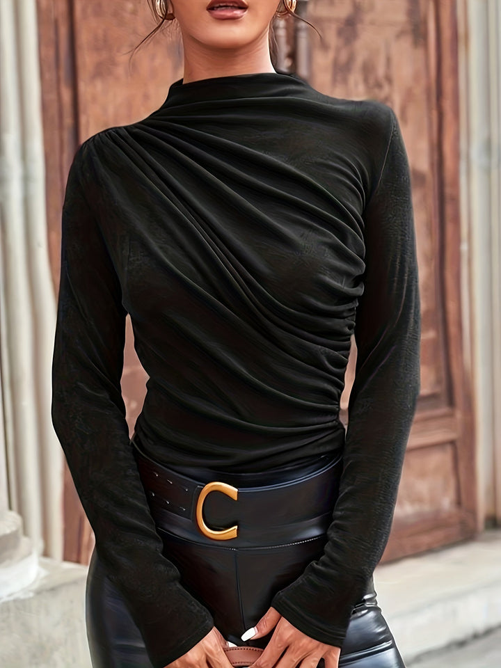 Versatile women's black mock neck top featuring elegant ruched long sleeves and a flattering fitted silhouette.