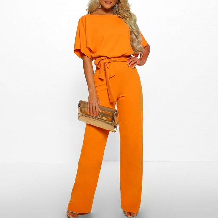 "Elegant black women's belted wide-leg jumpsuit, chic design accentuates waist for a sophisticated look, versatile style."