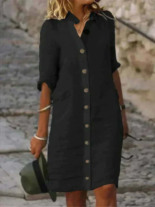 "Elegant blue linen dress with airy feminine silhouette for women, offering comfort and style, perfect for various occasions.
