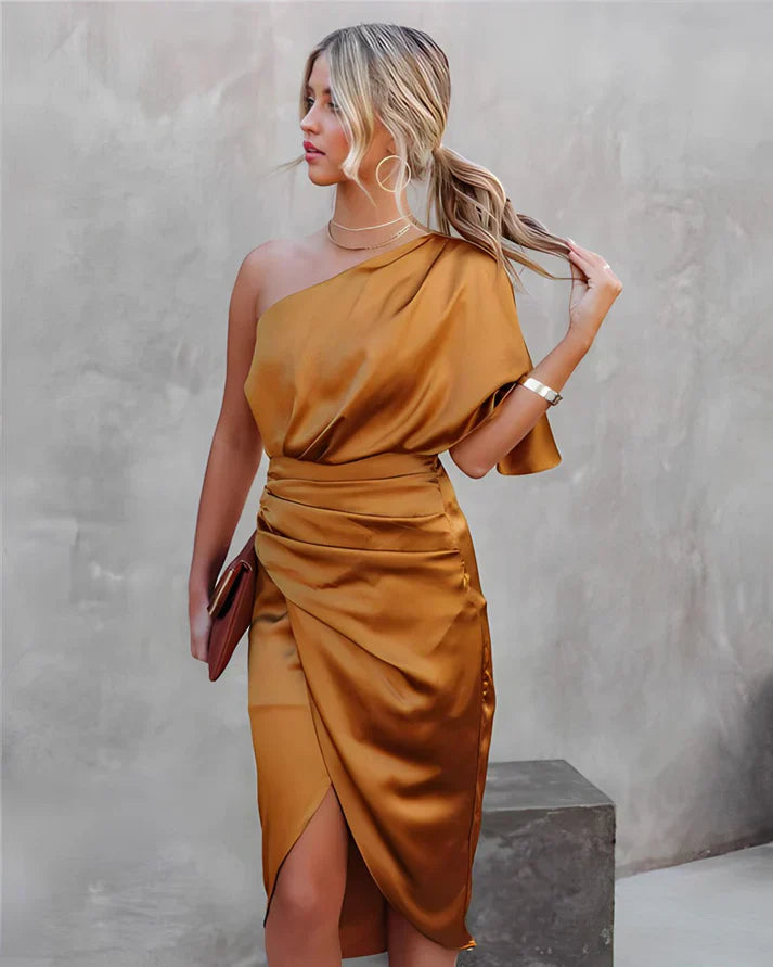 Green silk Seraphina midi dress, flattering fit, women's formal evening wear.