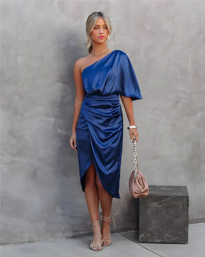 Gorgeous gold silk midi party dress, Seraphina style, elegant for women's special events.