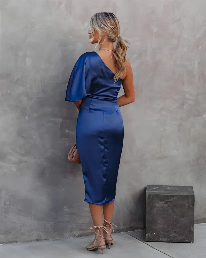 Stunning orange silk midi dress, Seraphina elegant design, perfect for women's parties.