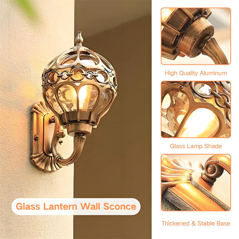 "Elegant bronze/black outdoor wall light with matte finish, transparent globe shade, perfect for garden or porch lighting."