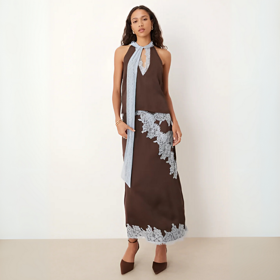 Elegant brown lace panel top & skirt set for women, perfect for formal wear or sophisticated spring/fall fashion.