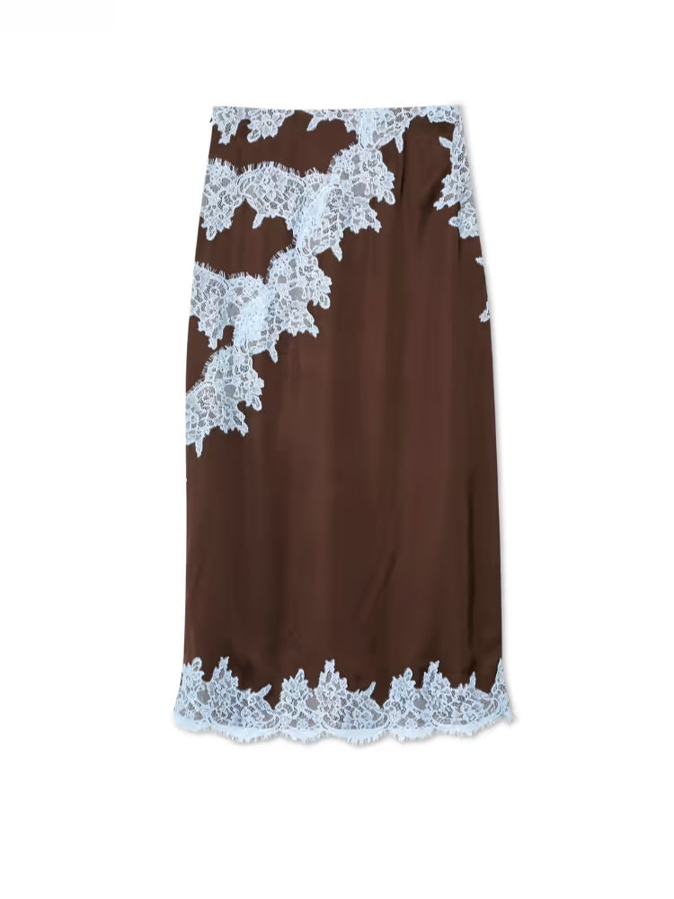 Stylish brown women's matching set with an elegant lace panel top and a comfortable, chic skirt for ladies.