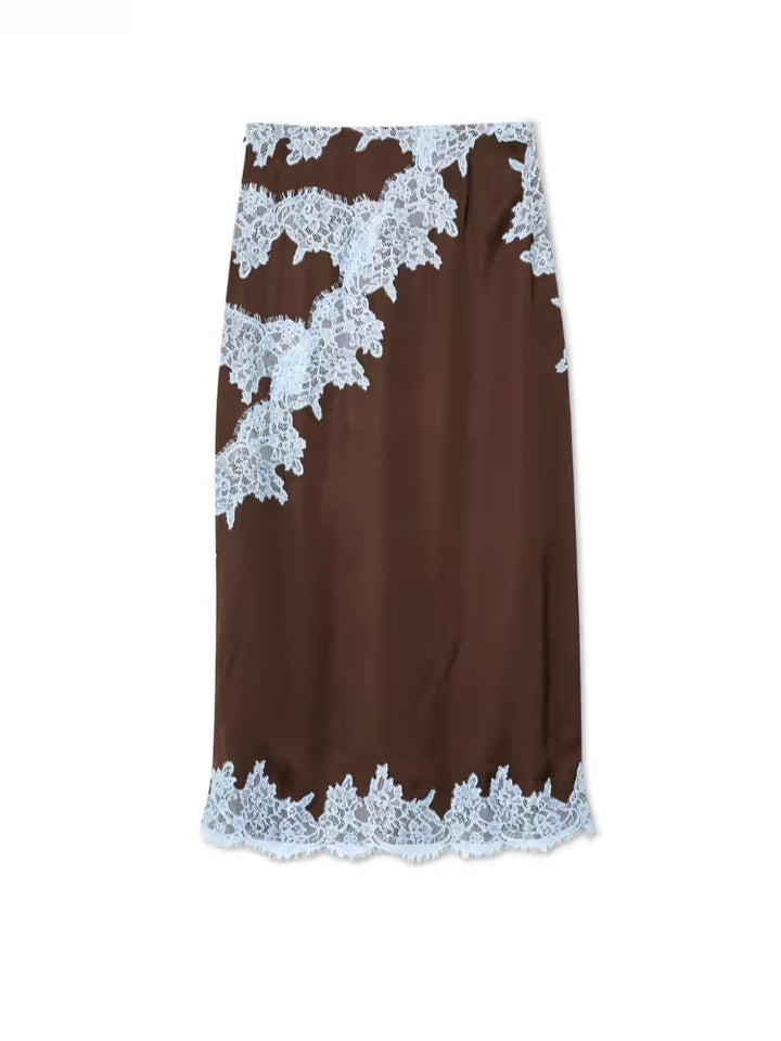 Stylish brown women's matching set with an elegant lace panel top and a comfortable, chic skirt for ladies.