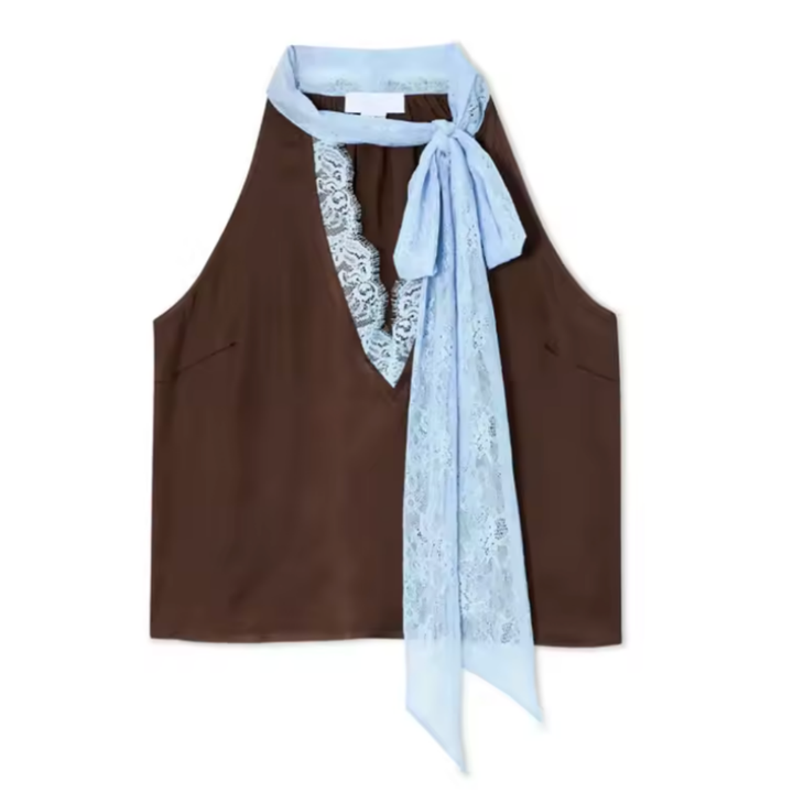 Women's elegant brown two-piece skirt set with a beautiful lace panel top, ideal for sophisticated occasions.