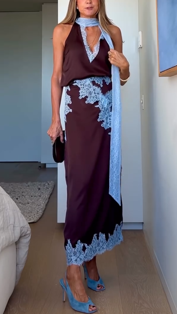 Formal brown lace skirt set; an elegant women's two-piece ensemble for sophisticated spring and fall wear.