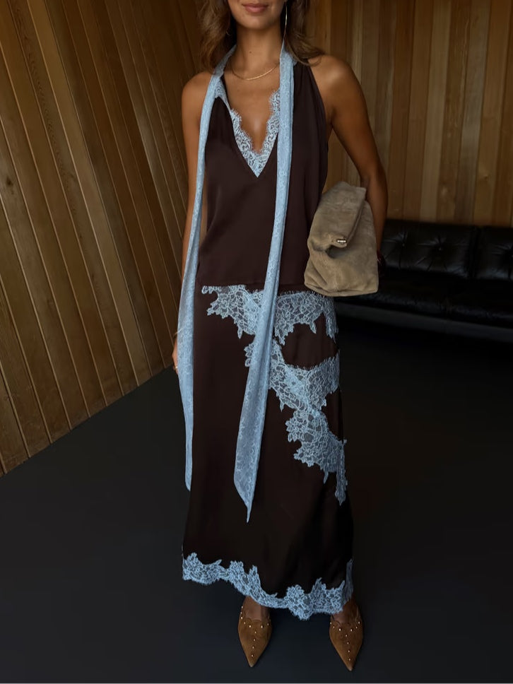 Chic brown women's matching set, featuring an elegant lace panel top and a stylish skirt, ideal for fall/spring.