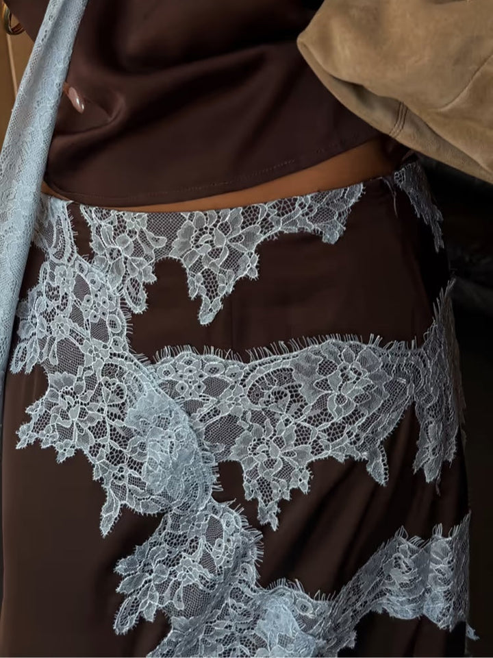 Ladies' elegant brown lace panel top & skirt set, a sophisticated two-piece for formal wear or special occasions.