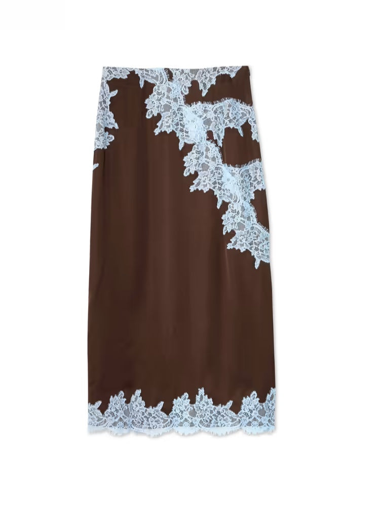 Brown elegant skirt set for women, featuring a delicate lace panel top; perfect for spring and fall fashion.