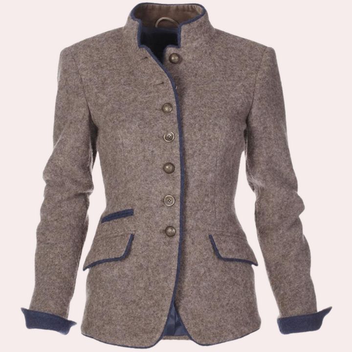 Elegant brown tailored women's blazer, perfect for professional wear or chic business casual outfits.