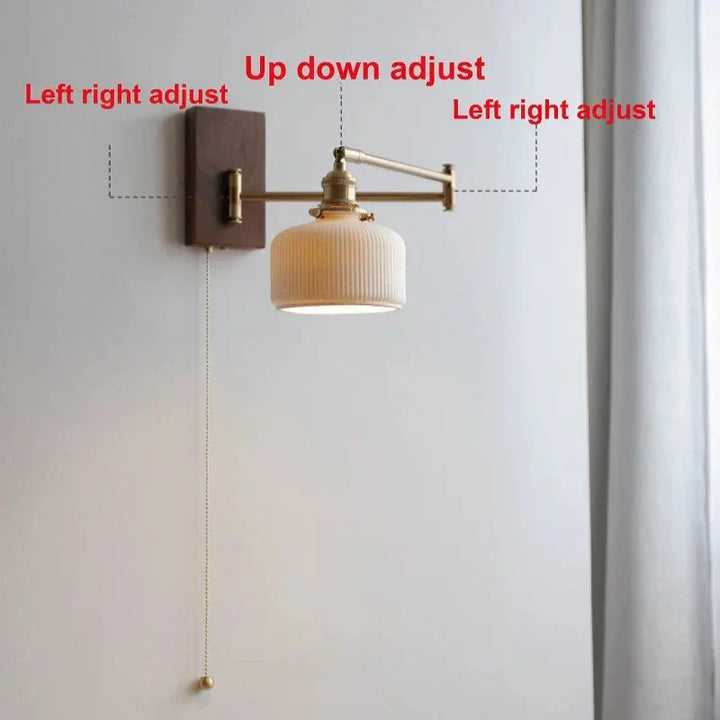 "Elegant ceramic wall lamp with wooden plate, featuring a modern design in cylinder or globe lampshade for stylish interiors.