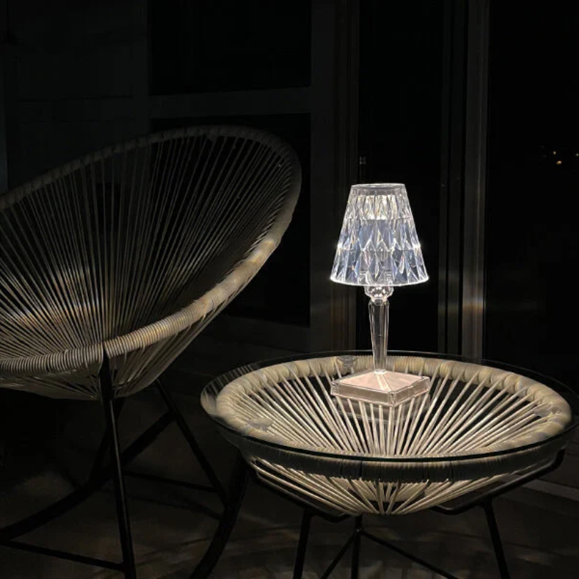 Unique crystal design table lamp, offering ambient glow and luxury aesthetic.