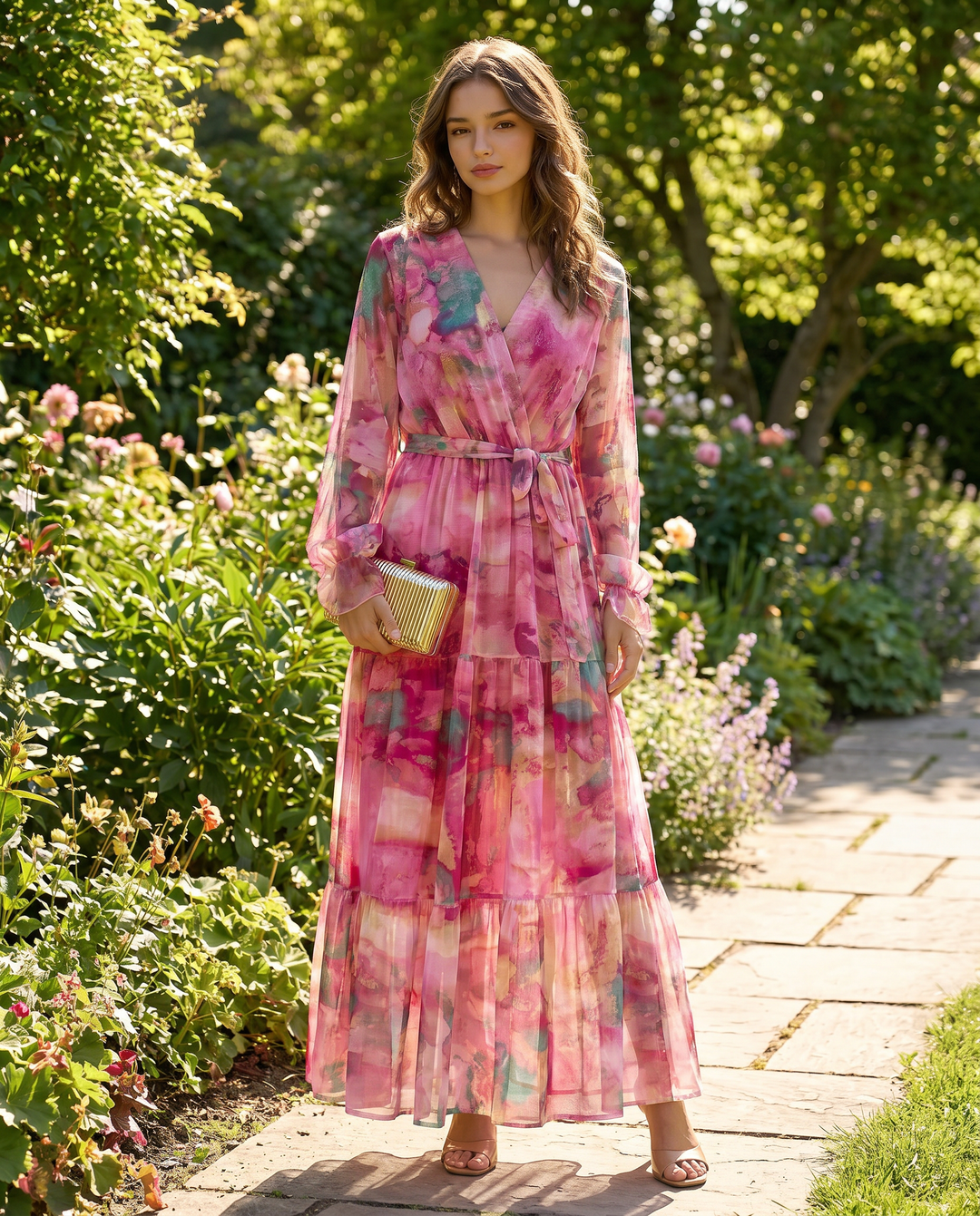 Bohemian dark pink floral wrap maxi dress. Women's long sleeve v-neck tiered summer dress for elegant special occasions.