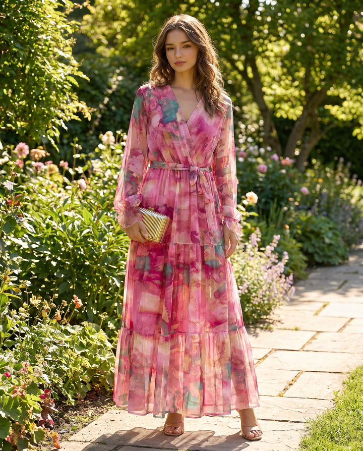 Bohemian dark pink floral wrap maxi dress. Women's long sleeve v-neck tiered summer dress for elegant special occasions.