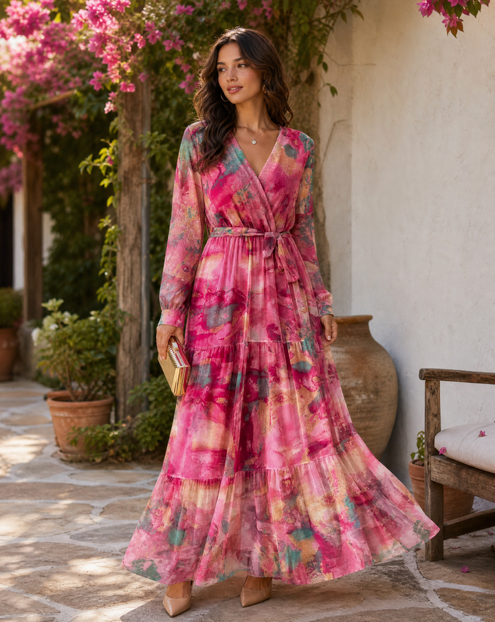 Women's dark pink floral wrap maxi dress, featuring long sleeves & v-neck. Ideal elegant vacation & resort wear.