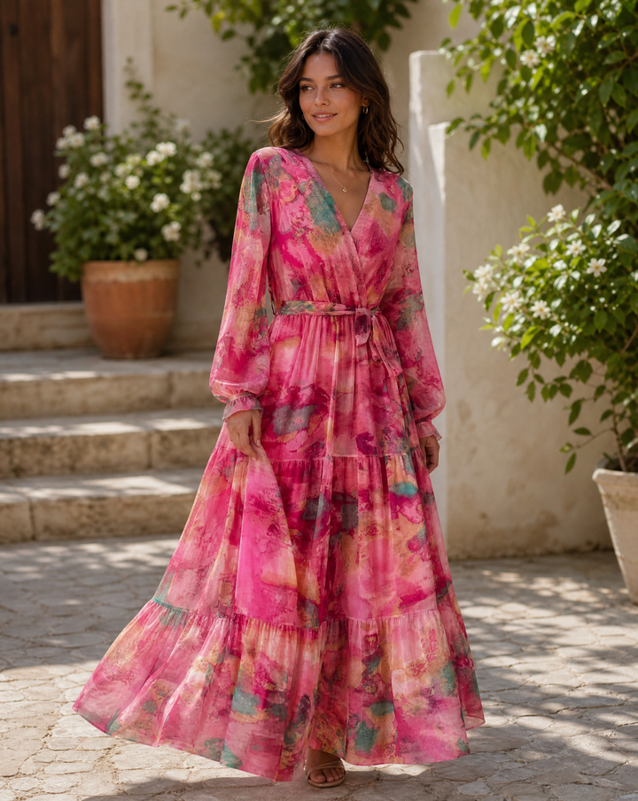 Beautiful dark pink floral wrap maxi dress with a flattering v-neck and long sleeves, perfect for summer parties.