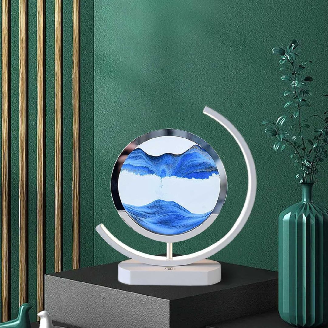 "Elegant deep sea sand art with shifting sands, LED lighting in sleek frame, enhancing home decor with calming visuals."
