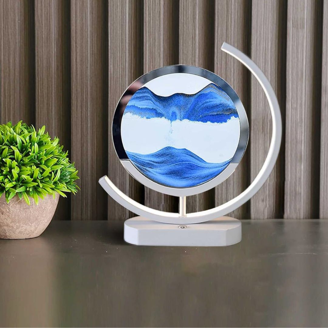 "Elegant deep sea sand art with shifting sands, LED lighting in sleek frame, enhancing home decor with calming visuals."