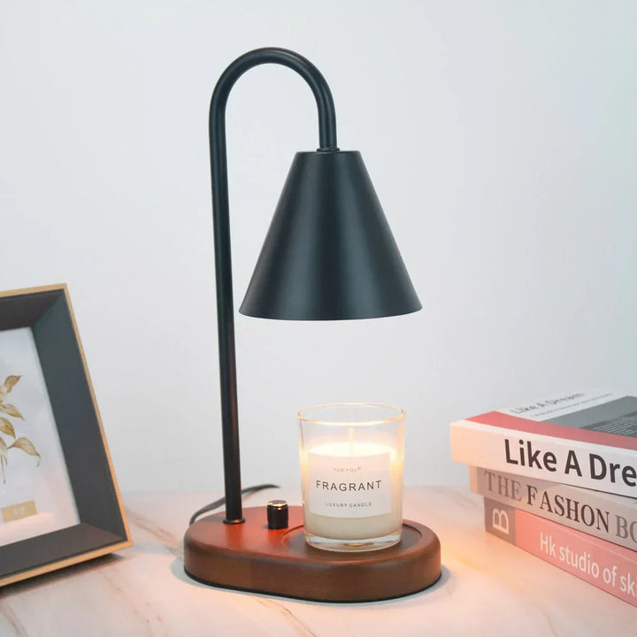 Flame-free candle warmer lamp, modern wood & metal design, ideal for home decor ambiance.