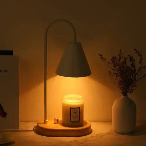 Modern wood & metal candle warmer lamp, melts candles safely for delightful aroma.