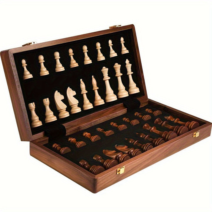 "Elegant handcrafted wooden chess set with detailed pieces and rich finish, ideal for competitive play and home decor enhance