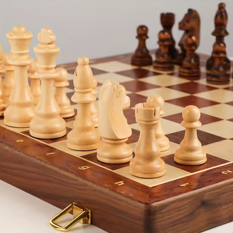 "Elegant handcrafted wooden chess set with detailed pieces and rich finish, ideal for competitive play and home decor enhance