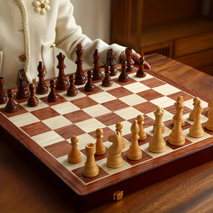 "Elegant handcrafted wooden chess set with detailed pieces and rich finish, ideal for competitive play and home decor enhance