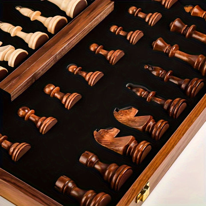 "Elegant handcrafted wooden chess set with detailed pieces and rich finish, ideal for competitive play and home decor enhance
