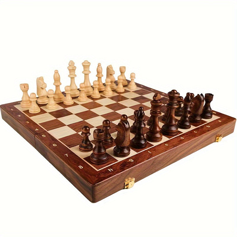 "Elegant handcrafted wooden chess set with detailed pieces and rich finish, ideal for competitive play and home decor enhance
