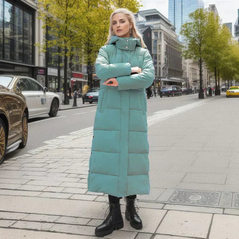 Cozy women's long winter coat, Isabella style, for elegant cold weather fashion & everyday comfort.