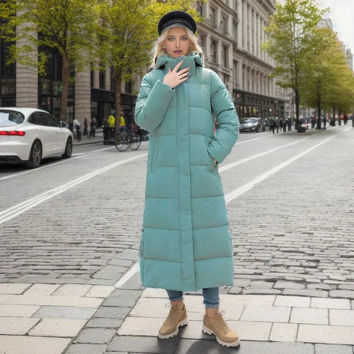 Stylish & warm Isabella long winter coat for women, elegant cold weather fashion statement.