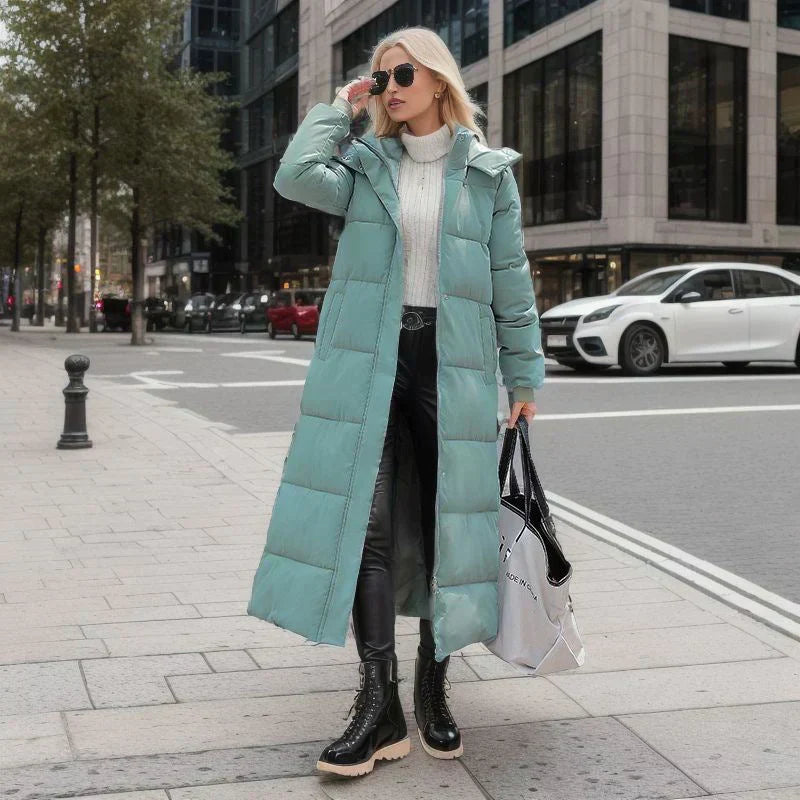 Stylish women's long winter coat, Isabella design, offering warm outerwear for cold weather.