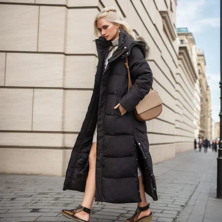 Women's warm long winter coat, Isabella design, perfect for elegant cold weather fashion.