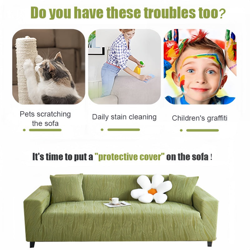"Elegant jacquard sofa cover with velvet texture, anti-scratch, stretchable and pet-friendly, ideal for stylish protection."