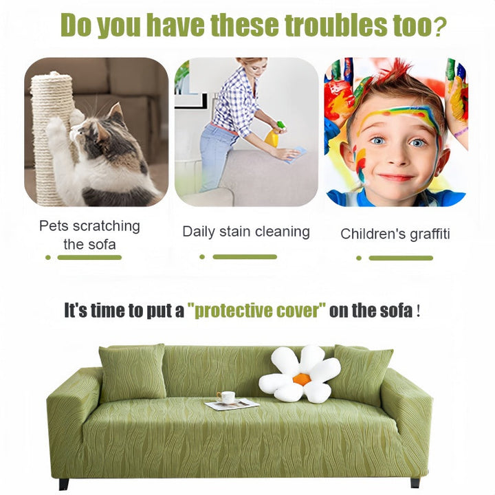 "Elegant jacquard sofa cover with velvet texture, anti-scratch, stretchable and pet-friendly, ideal for stylish protection."