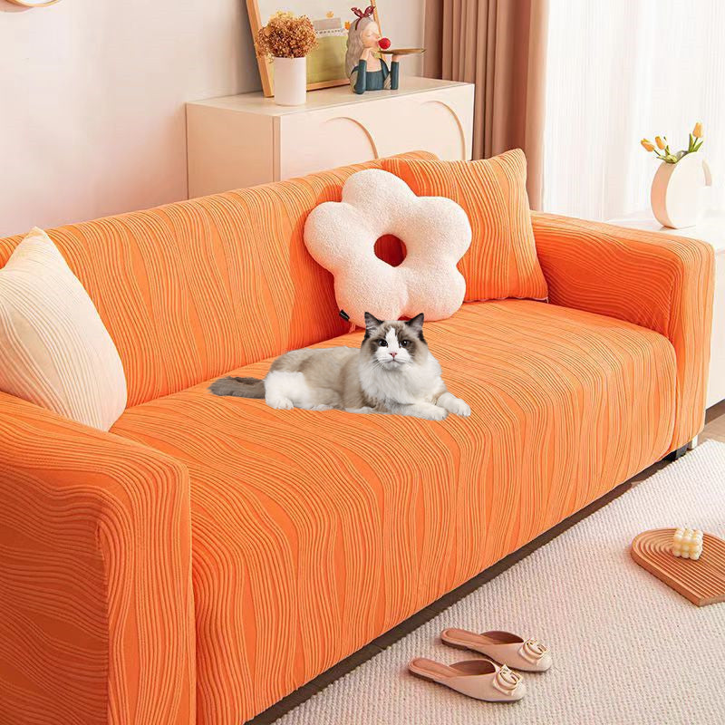 "Elegant jacquard sofa cover with velvet texture, anti-scratch, stretchable and pet-friendly, ideal for stylish protection."