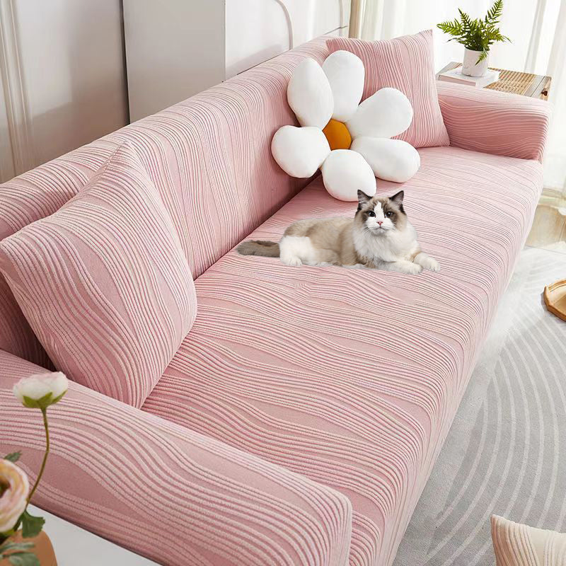 "Elegant jacquard sofa cover with velvet texture, anti-scratch, stretchable and pet-friendly, ideal for stylish protection."