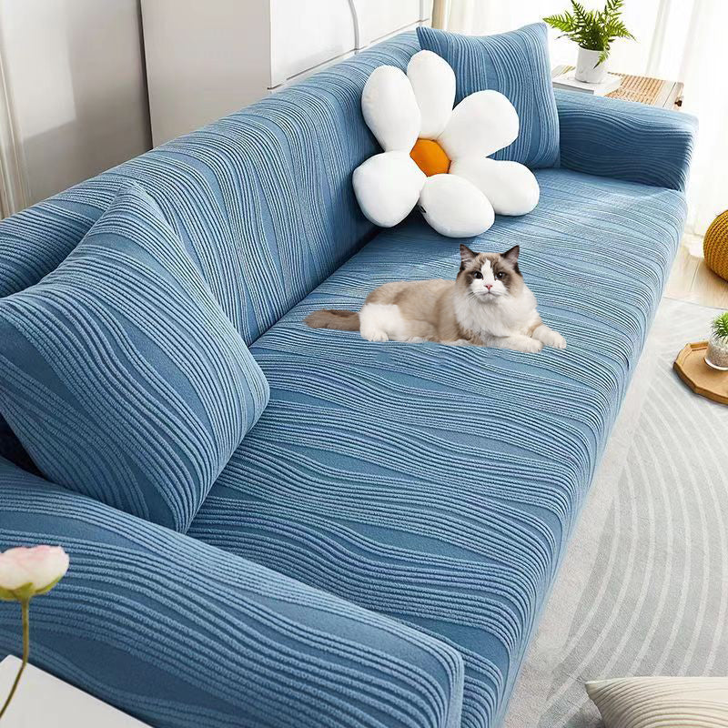 "Elegant jacquard sofa cover with velvet texture, anti-scratch, stretchable and pet-friendly, ideal for stylish protection."