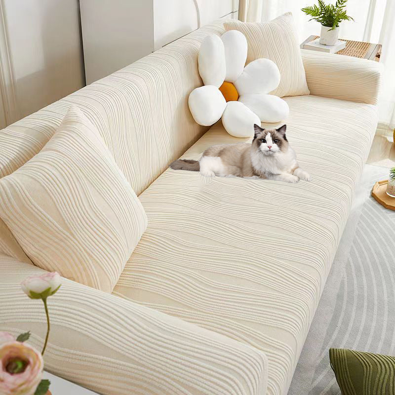 "Elegant jacquard sofa cover with velvet texture, anti-scratch, stretchable and pet-friendly, ideal for stylish protection."