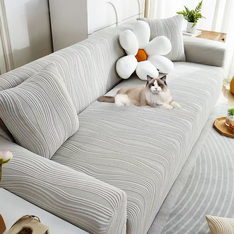 "Elegant jacquard sofa cover with velvet texture, anti-scratch, stretchable and pet-friendly, ideal for stylish protection."