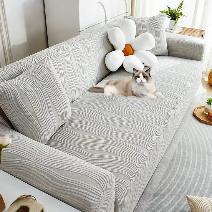"Elegant jacquard sofa cover with velvet texture, anti-scratch, stretchable and pet-friendly, ideal for stylish protection."