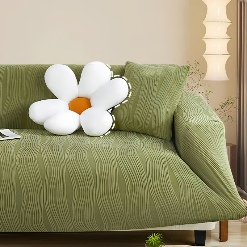 "Elegant jacquard sofa cover with velvet texture, anti-scratch, stretchable and pet-friendly, ideal for stylish protection."