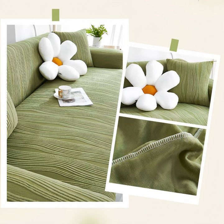 "Elegant jacquard sofa cover with velvet texture, anti-scratch, stretchable and pet-friendly, ideal for stylish protection."