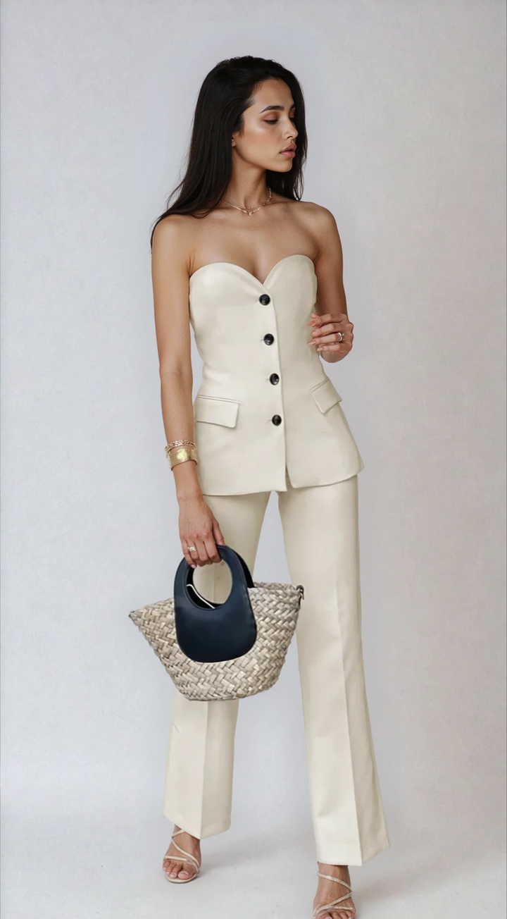 Elegant light grey strapless wide leg pants set for women. Perfect evening outfit, cocktail attire, or sophisticated style.